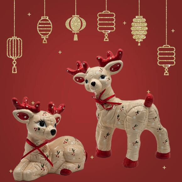 VTG Kimple Ceramic Mold Set/2 Christmas Reindeer with Berry Accents and Red Bows - Picture 1 of 8